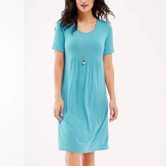 J. Jill soft stretch jersey knit turquoise blue dress with pockets size Large - Picture 1 of 6